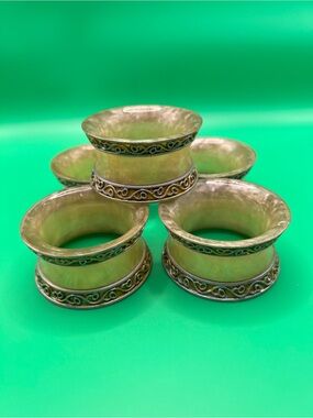 VTG Kemp & Beatley Marbled Resin Scroll Silver Border Napkin Rings Set of 5